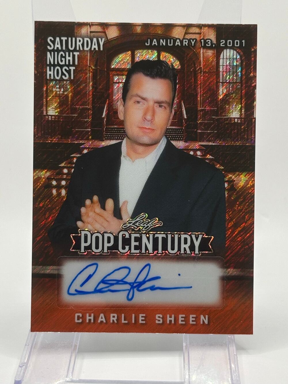 2025 Leaf Pop Century Charlie Sheen Saturday Night Host Orange Shimmer Auto 2/4